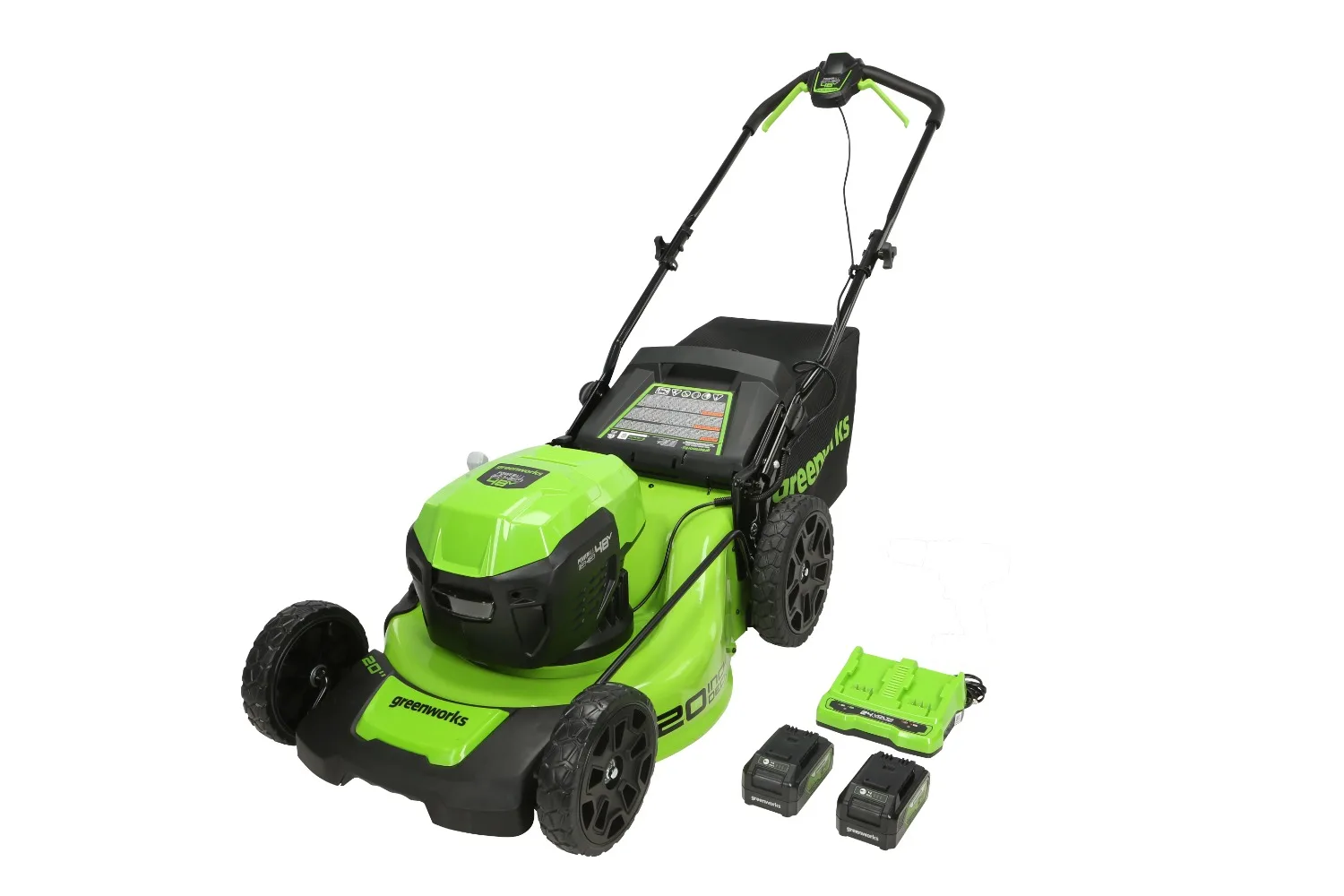

Greenworks 48V 20" Brushless Battery-Powered Lawn Mower, Two (2) 4.0Ah USB Batteries and Charger
