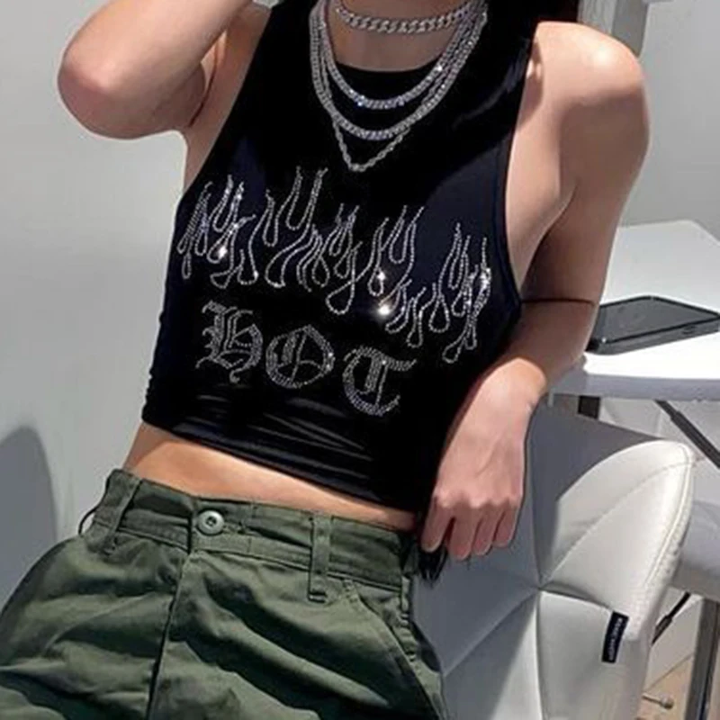 

WeiYao Diamond Fire Black Goth Grunge Cropped Tank Tops For Women Sleeveless O Neck Slim Sweats Shirts Casual Fitness Clothing