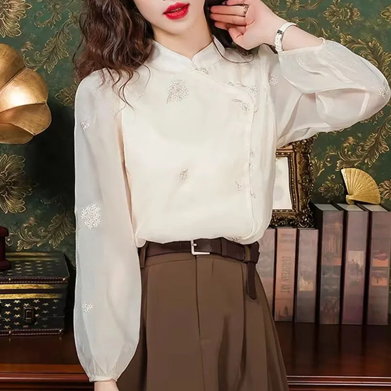 Модная женская блузка с длинным рукавом и вышивкой воротник-стойка рубашка