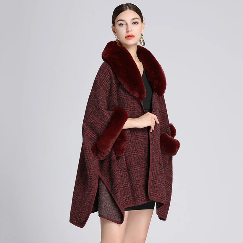 

Faux Rex Rabbit Fur Collar Cape Coat Women Poncho Jacket 2022 Autumn Winter Imitation Cashmere Plaid Cardigan Cloak Shawl Coats