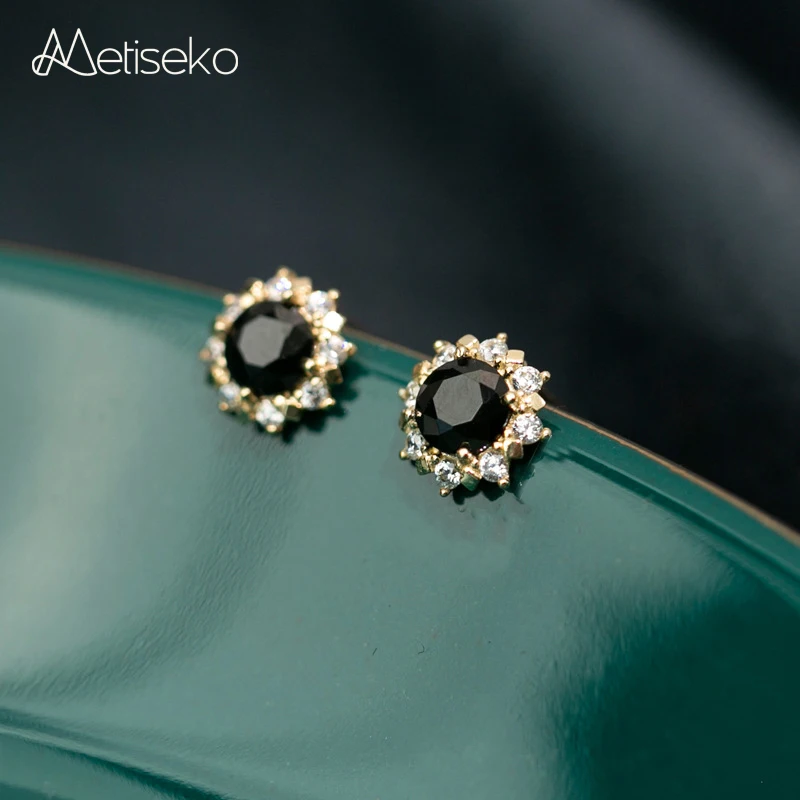 

Metiseko 925 Sterling Silver Stud Earrings Plated 14K Gold Black Cubic Zirconia Sunflower Shape RetroStyle Earrings for Women