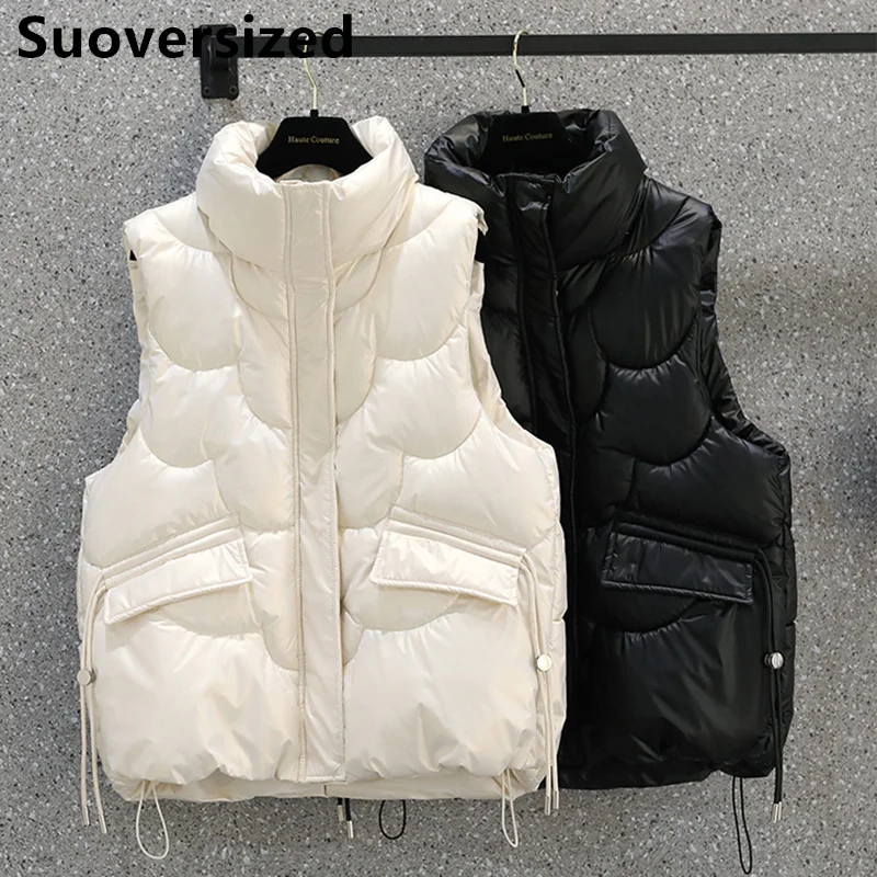 

Oversized 4xl Glossy Down Cotton Vest Winter Warm Women Waistcoat Thicken Puffy Sleeveless Jackets Korean Stand Collar Chaleco