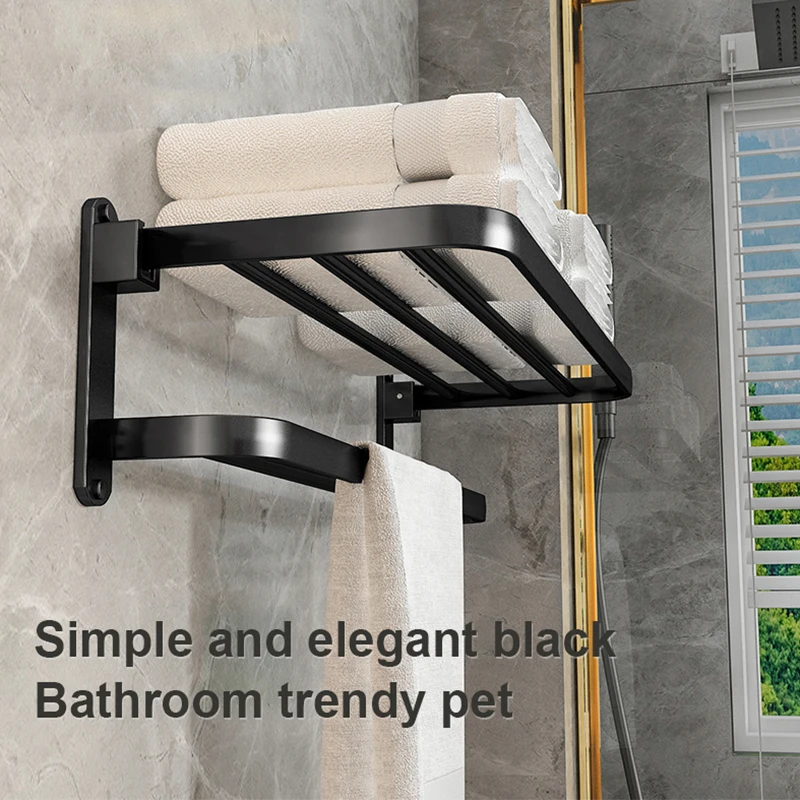 

FLKL Foldable Space Aluminum Towel Rack Punch-Free Toilet Rack Wall-Mounted Toilet Storage Bath Clothes Hanger Storage Rack