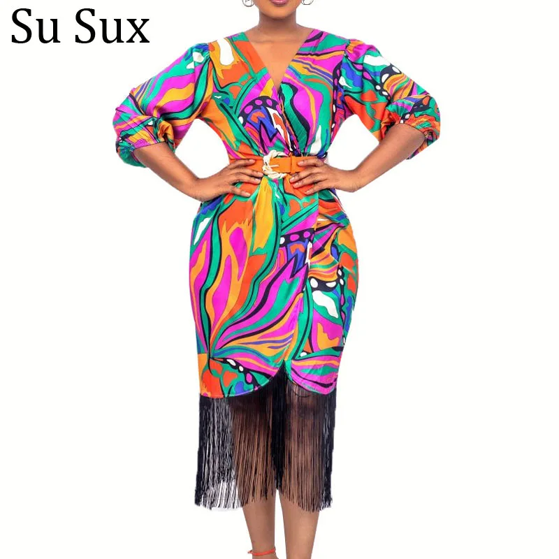 

Tassel Pencil Dress African Clothes For Women 2022 Summer Office Lady V Neck High Waist Bodycon Dress Partyclub Africa Clothing