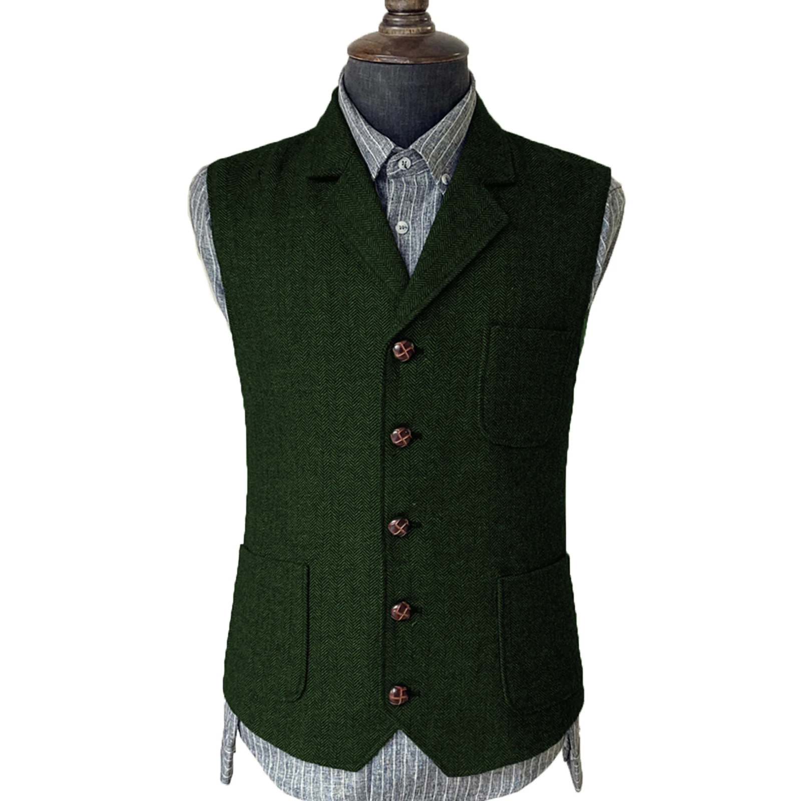 

Business Mens Suit Vest Lapel V Neck Wool Herringbone Casual Army Green Waistcoat Casual Formal Groomsman Jacket For Wedding