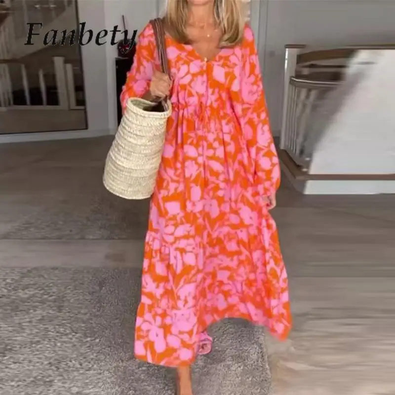 

Платье-Макси женское ТРАПЕЦИЕВИДНОЕ с принтом, праздничное пляжное длинное винтажное свободное в стиле бохо, с длинным рукавом, осень