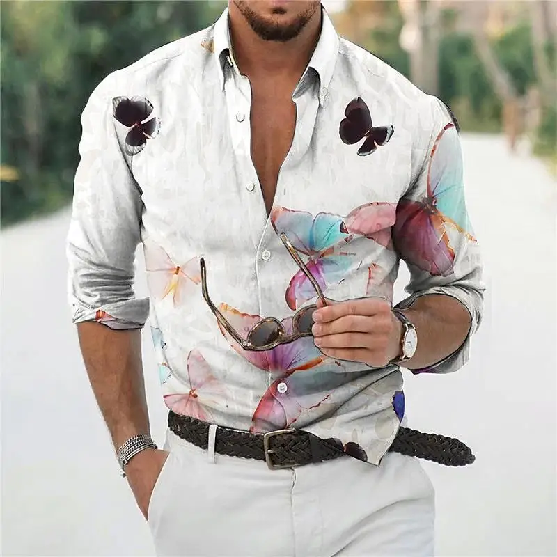 2023 Hawaiian Butterfly Shirt Men's 3d Long-sleeved Flower Shirt Beach Lapel Oversized Shirt T-shirt Summer Clothing