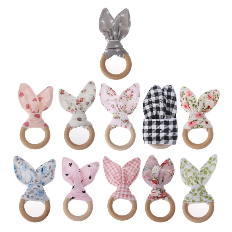 

New 1PCS Christmas Baby Bunny Ear Teething Ring Safety Wooden Teether For Children Kids Baby Care Accessory Shower Gifts