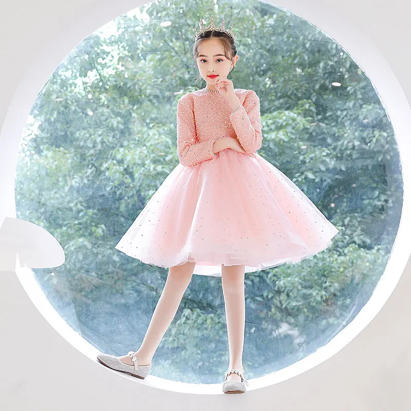 

Pink Sequins Full Sleeves Ball Gown O-Neck Above Knee Elegant New Kids Party Communion Dresses Girl Dresses For Weddings A2061