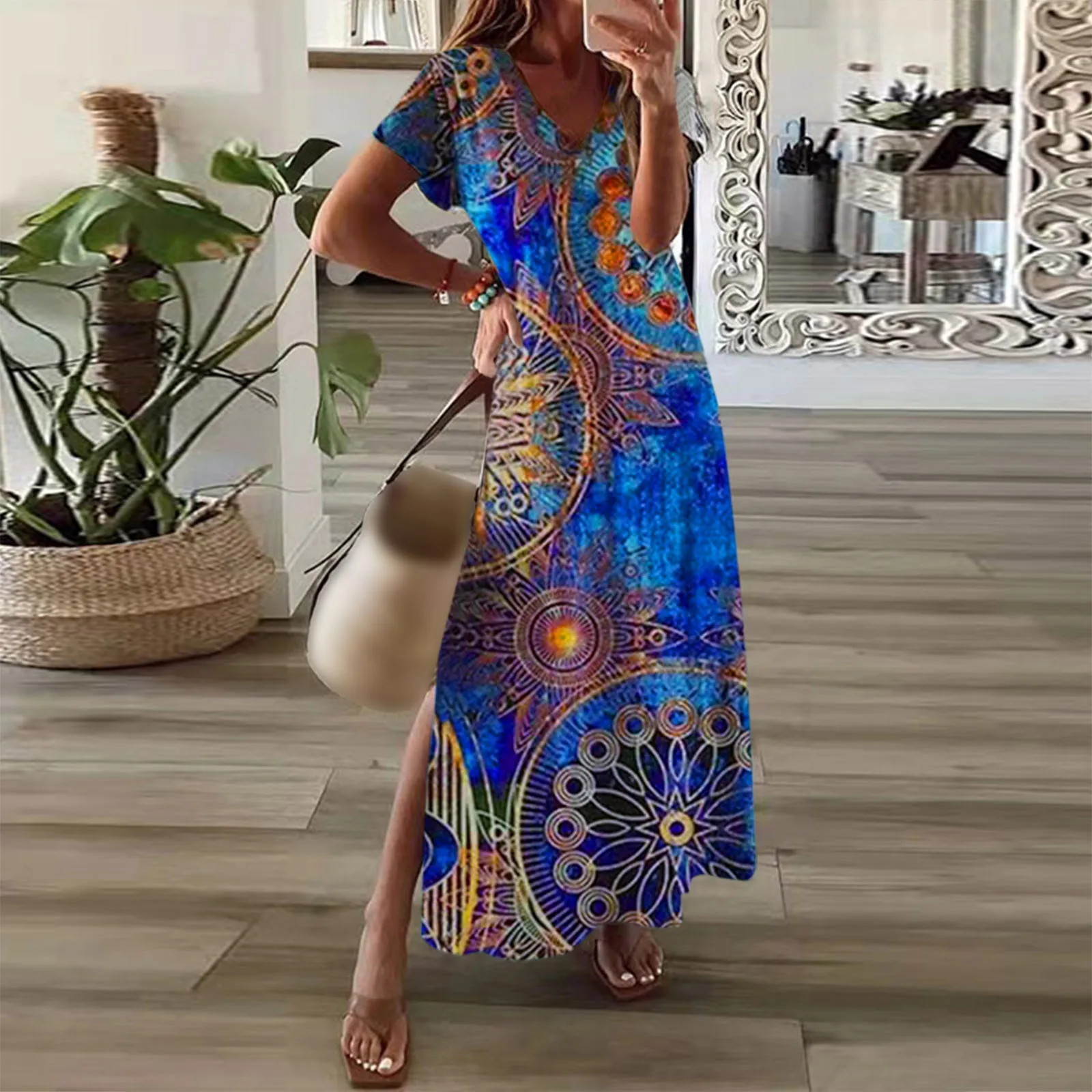 

Платья, сарафаны, женское весенне-летнее платье, свободное Повседневное платье, платье с цветочным принтом, с коротким рукавом и разрезом, п...