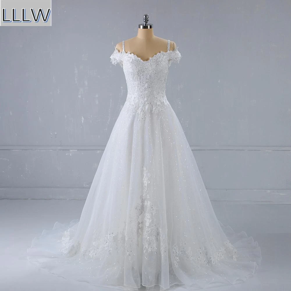

Ivory Organza Lace Shiny Tulle A-Line Wedding Dresses Chapel Train Custom Made Floor-Length Sweetheart Bridal Gowns