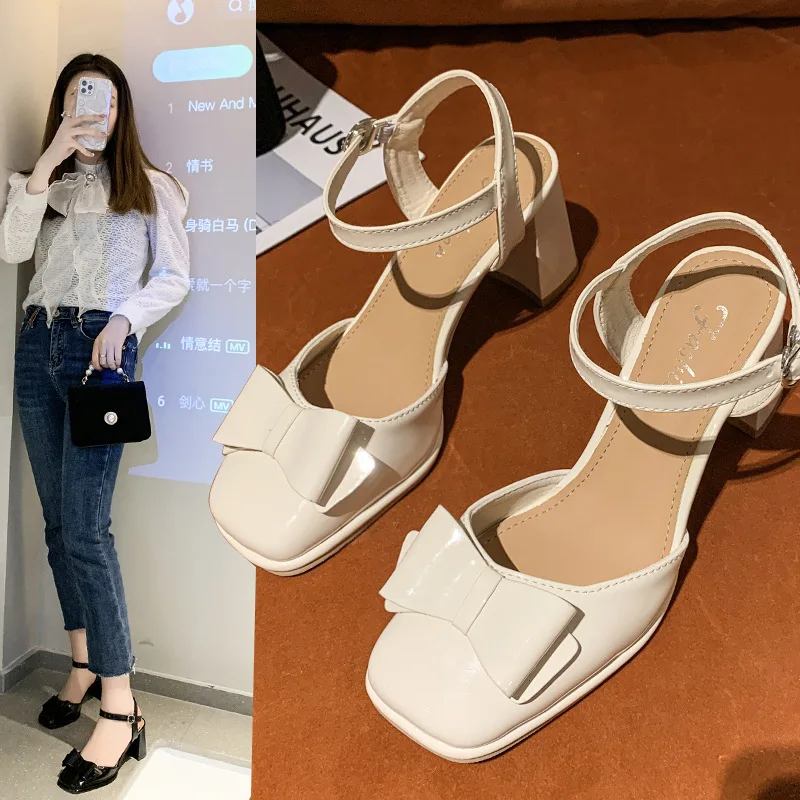 

Beige Heeled Sandals 2022 Summer Bow Shoes Mary Jane Med Shallow Mouth Black Closed Girls Medium Comfort Fashion Open Block New