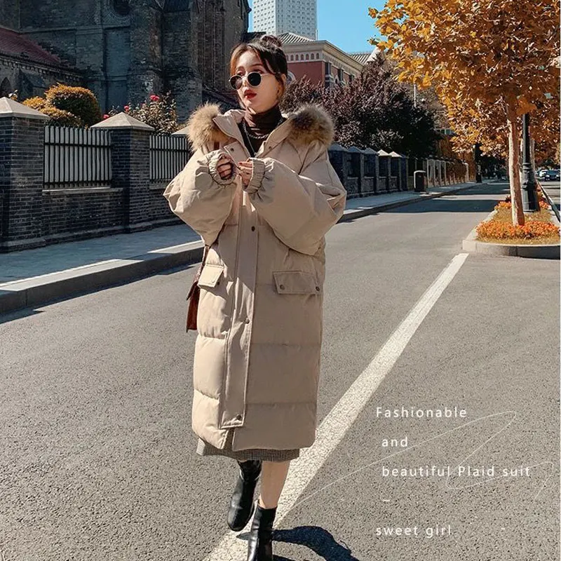 2022 Women Winter Hooded Down Padded Jacket Mid-length Korean White Loose Bread Jacket Thick Padded Jacket Tide Parker Overcoat