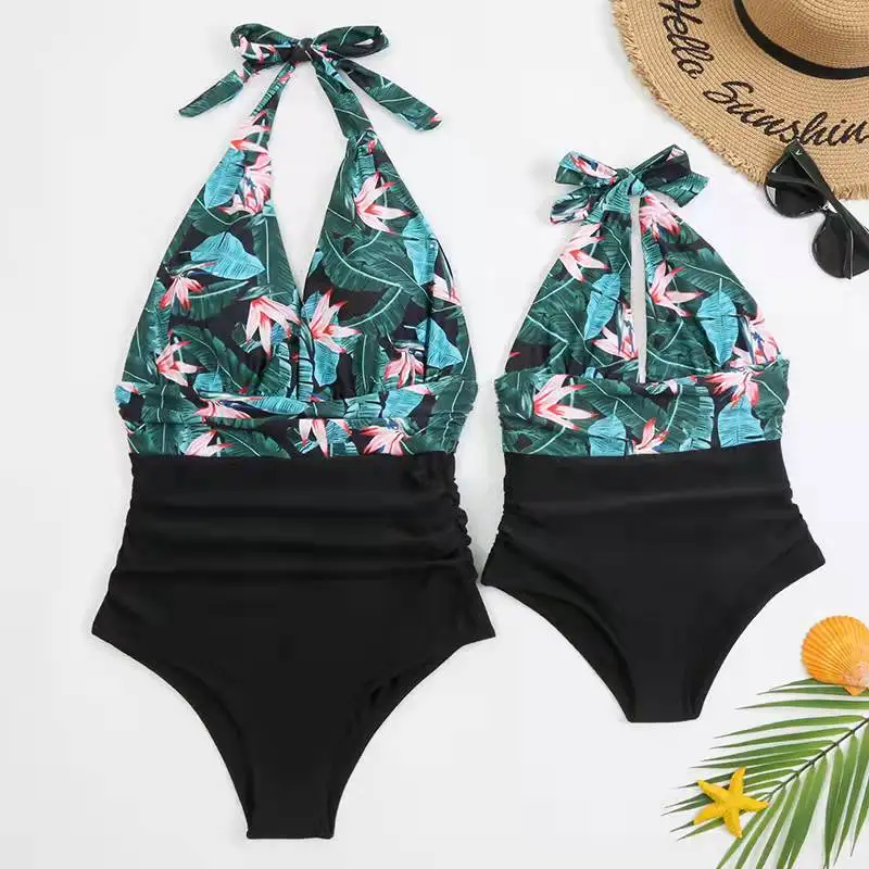 

V-Neck Mother Daughter Matching Swimsuits Family Set Flower Mommy and Me Swimwear Fashion Women Girls Bikini Dresses Clothes