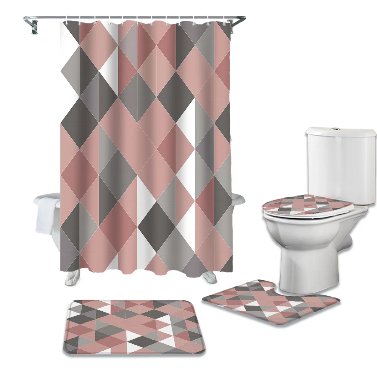 

Triangular Repeated Geometric Bathroom Curtain Set Bath Mat Sets Shower Curtains with Hooks Non-Slip Pedestal Rug Toilet Cover