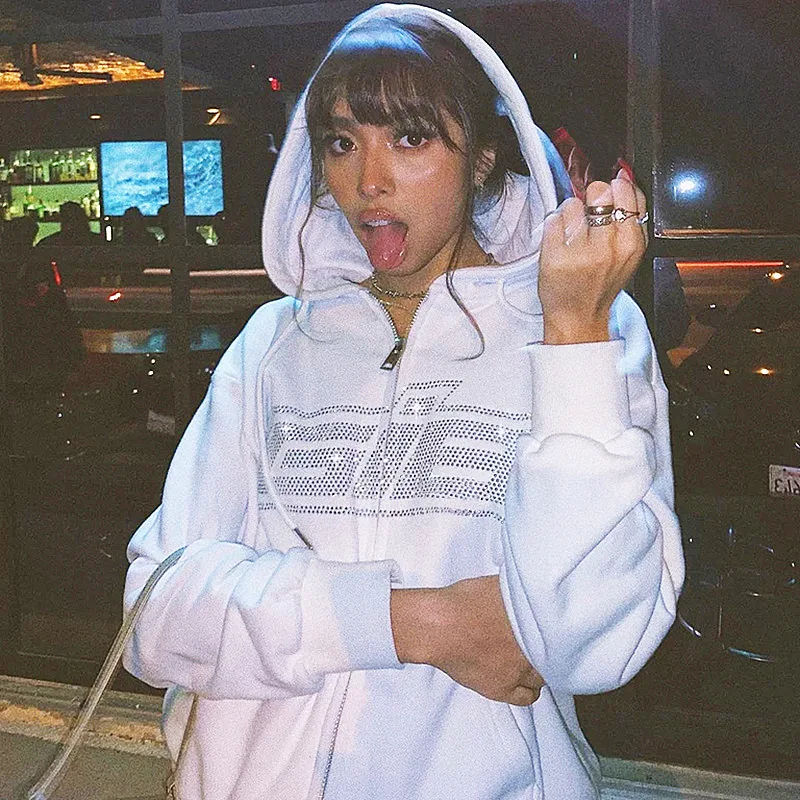 

Y2K Zip Rhinestone Women/Men Hoodie 2022 Oversized Hoodies E-girl Goth Punk Jacket Long Sleeve White Sweatshirt Trend Streetwear