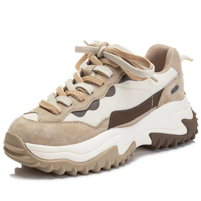 

Top Layer Pork Skin Women Sneakers Designer Chunky Shoes Spring Genuine Leather Sports Casual Ladies Thick Soled Vulcanized Shoe