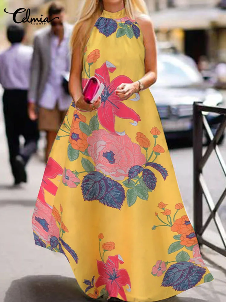 

Женское праздничное платье Celmia с цветочным принтом, шикарный сарафан-трапеция, богемный халат без рукавов, модное летнее платье макси с лям...
