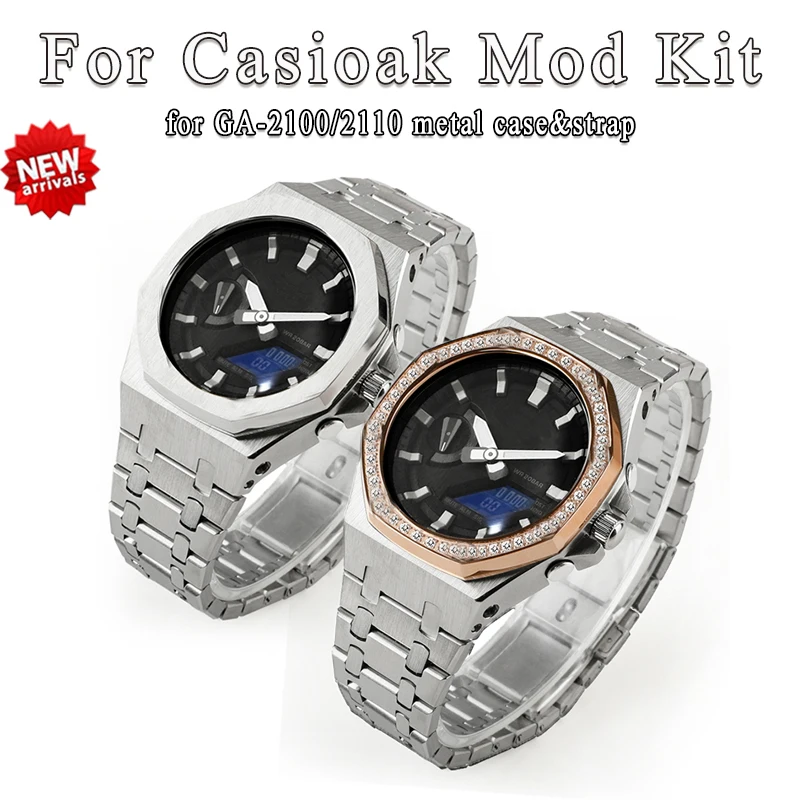 

Luxury Diamond Bezel 4th for Casioak GA-2100 Metal Strap for GA2110 Mod Kit Metal Case with Screw tool Replacement Accessories