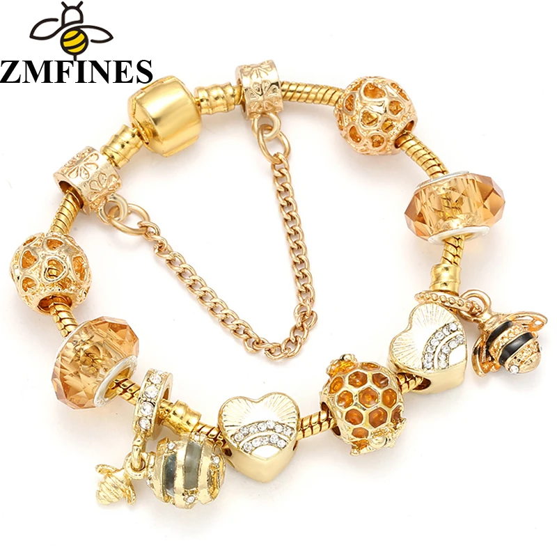Аутентичный Золотой Шарм-браслет в виде пчелы красивый браслет с белыми