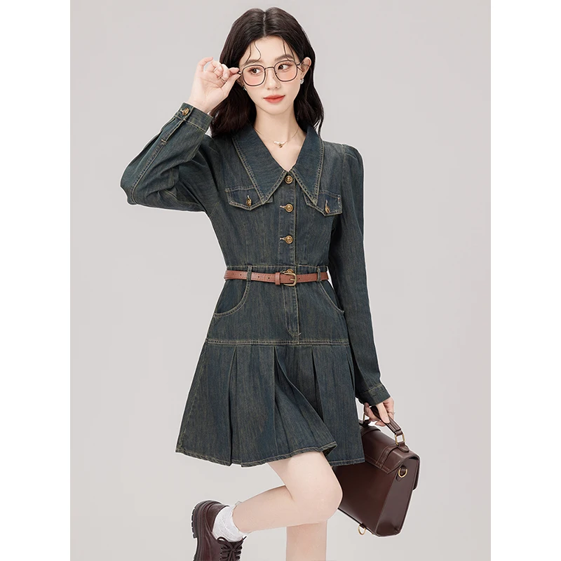 Корейская серия ретро-преппи джинсовое платье женская осенняя новая маленькая