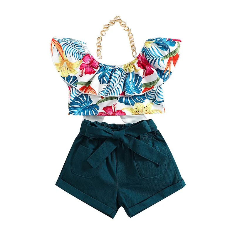 

Girls Shorts Set 2022 Summer Printed Ruffle Metal Chain Halter Open Back Bow Tops + High Waist Shorts + Belt Two Piece Clothing