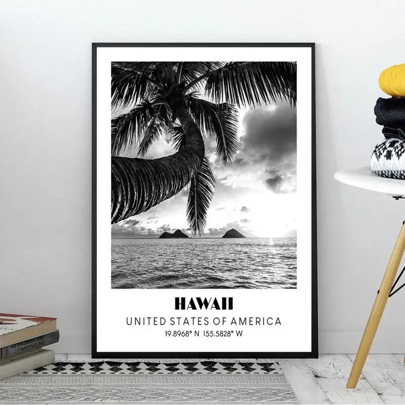 

Hawaii Travel Poster and Print Black White Coconut Tree Sea Longitude Latitude Seascape Canvas Painting Modern Home Decoration