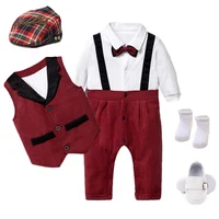 Formal Dress Romper Short Cap Socks Shoes Bow Tie 6 Piece a Set Clothing Sets Newborn Gentleman Baptism Suit Baby Boys Clothes