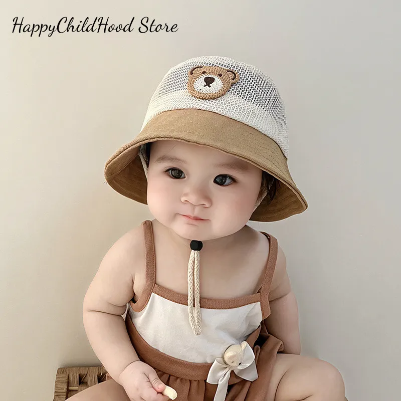 Summer Kid Hat Lovely Cartoon Bear Bucket Hat for Kids Boy Girl Thin Breathable Fishmen Hat with Windproof Tie for 0-3 Year Kid