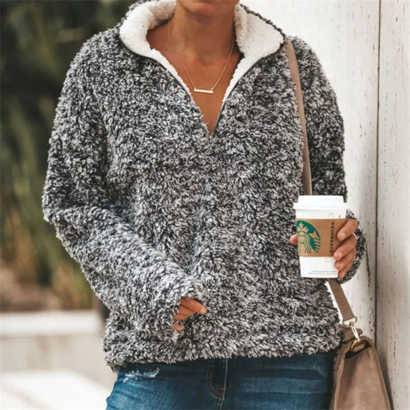 

2021 Winter Fleece Sweater Turtleneck Fluffy Polar Fleece Zipper Pullover High Quality Winter Warm Streetwear Women's Top