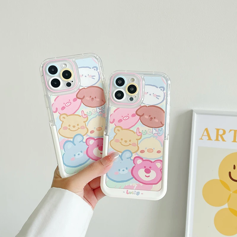 Color Cartoon Animal Avatar Bracket Phone Case With Holder for iPhone 14 13 12 Pro Case iPhone 13 14 12 11 Pro Max Soft Cover