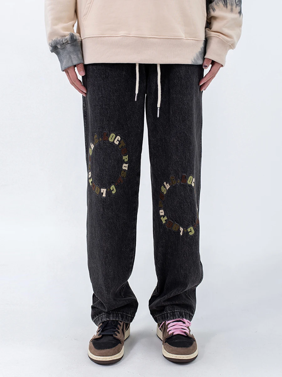 

Four Seasons Men's Jeans Letter Embroidery Loose Wide Leg Pants Elastic Waist Straight Pants Streetwear Men's ins Hot Sale JEANS