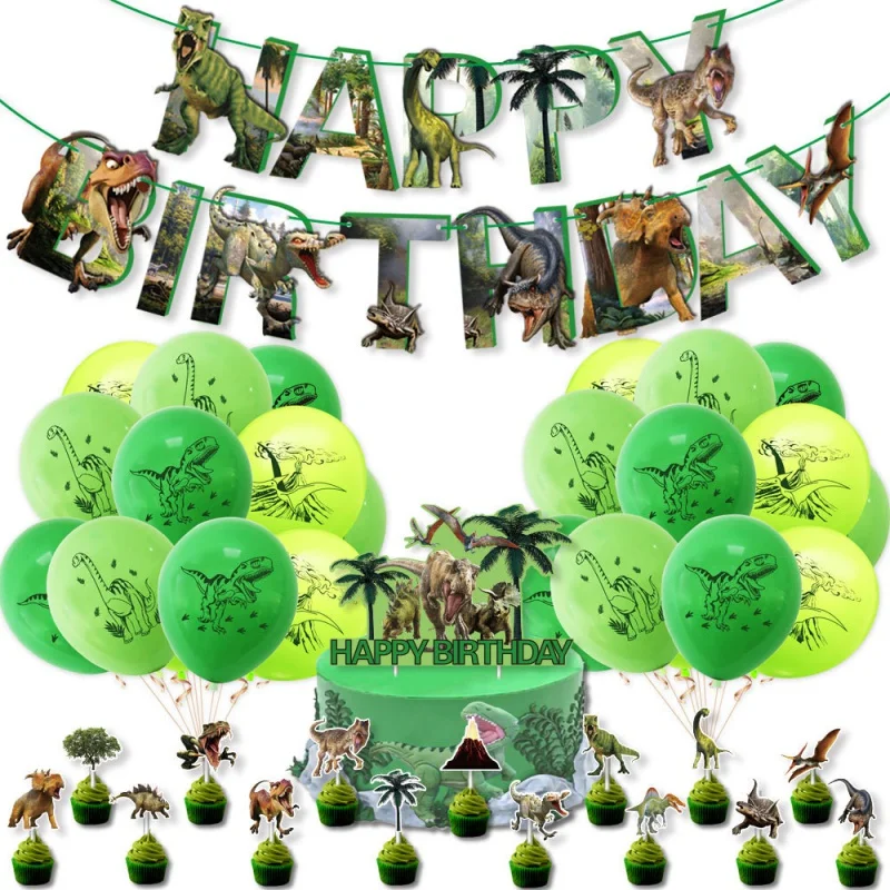 

Dinosaur Theme Birthday Party Decoration Set Letter Hanging Flag Banner Cake Inserting Card Balloons for Party Supplies