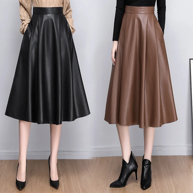 

Medium Long Pu Leather Skirt Womens High Waist Elegant Fashion A Line Pleated Skirts Vintage Office Ladies Midi Skirts 2022 New