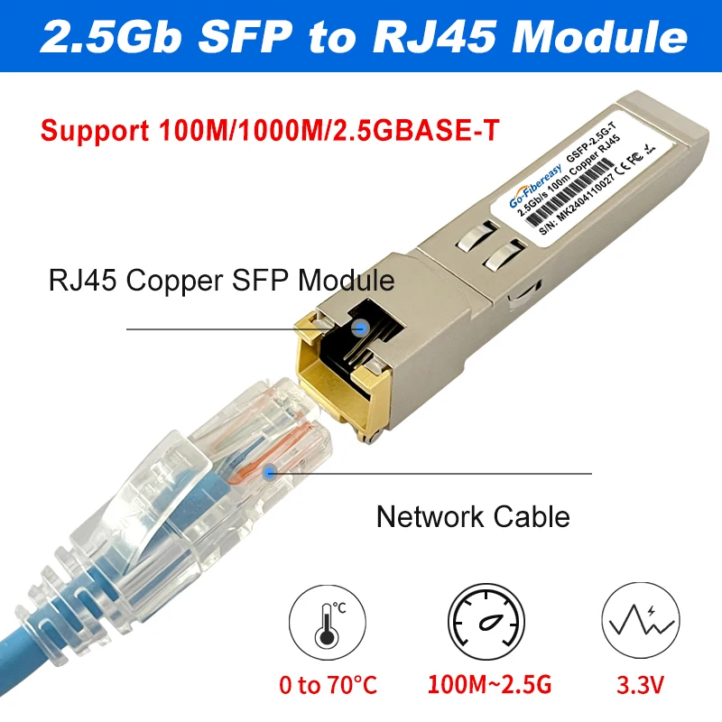 Фото Медный модуль 2,5G SFP-RJ45, 1G/2,5GBase-T, 100 м, разъем RJ45, совместимый с оптоволоконным коммутатором Mikrotik, HORACO, KEEPLiNK 2,5 ГБ SFP №3