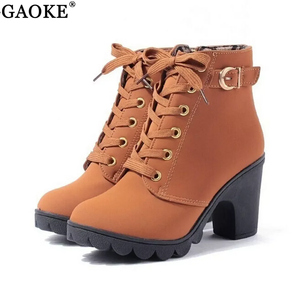 

2022 New Autumn Winter Women Boots High Quality Solid Lace-up European Ladies shoes PU Leather Fashion Boots Free Shipping