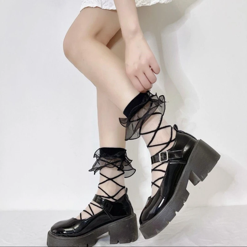 

Fashion Summer Ultra-thin Transparent Glass Silk Socks Ruffle Ankle Princess Cute Bunching Socks Female Lace Strap Socks