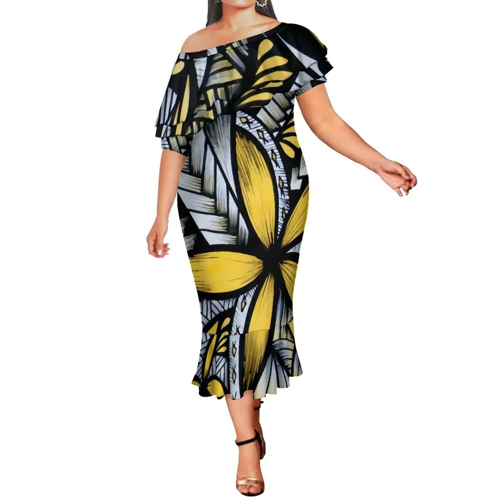 Breathable Customized On Demand Double Shawl Mermaid Dress Polynesian Ethnic Style Milk Silk Fishtail Dresses