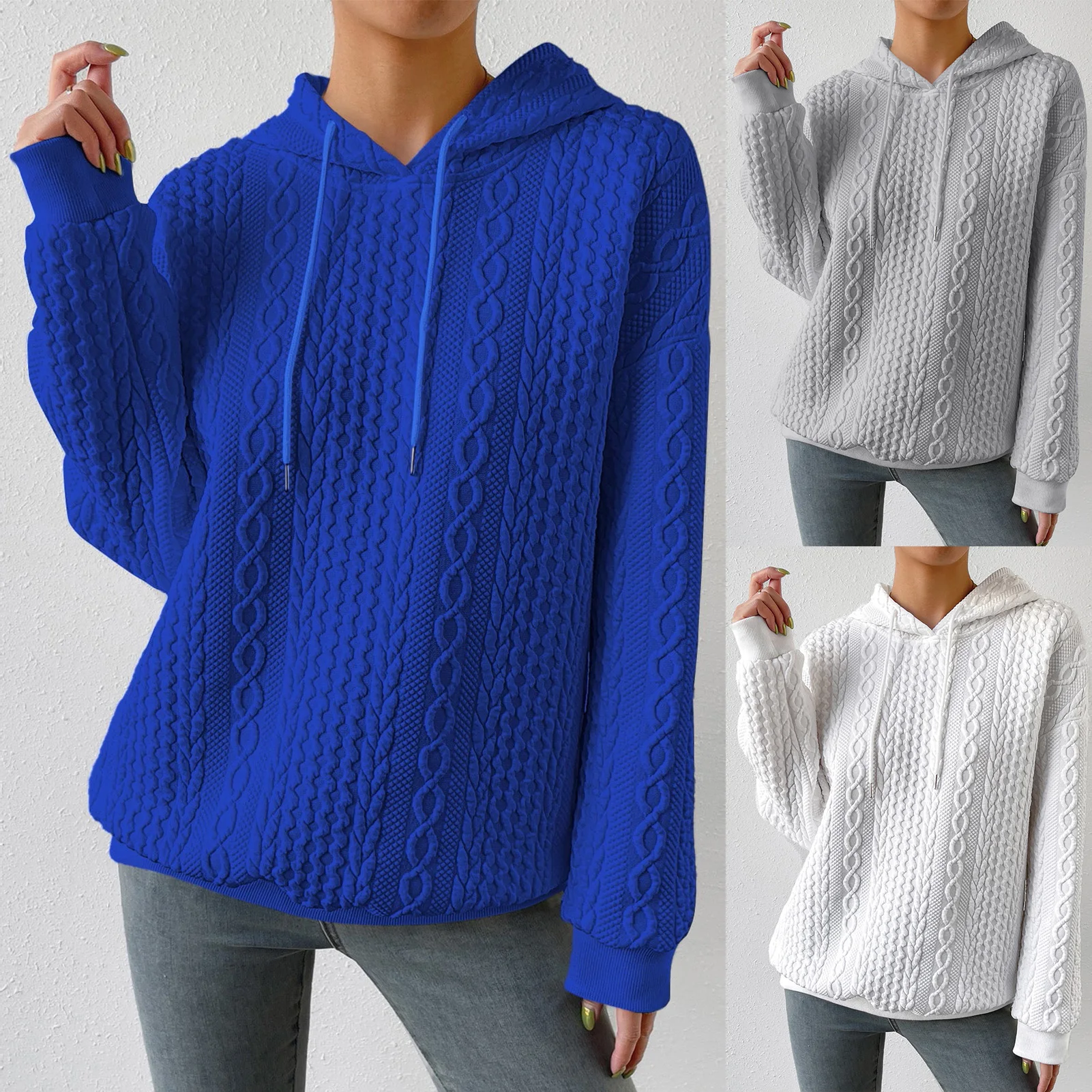 

Cable Textured Long Sleeve Sweat Tops Trendy Thermal Sweatshirt Pullover Solid Color Casual Pullover Top Sweatshirt