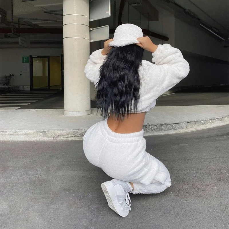 2021 Women's Autumn and Winter New Plush Long-sleeved Trousers Tooling Style with Pockets Casual Two-piece Fashion Streetwear