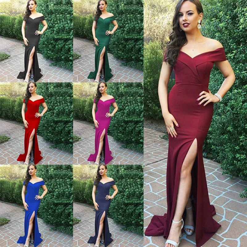 

2023 women's new V-neck slit dress in Europe and America, banquet evening dress and long skirt