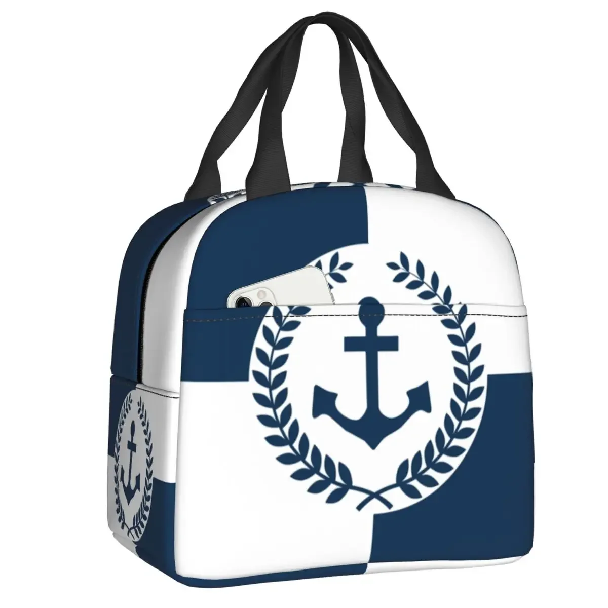 

White Navy Blue Nautical Anchor Lunch Box for Women Waterproof Cooler Thermal Food Insulated Lunch Bag Portable Picnic Tote