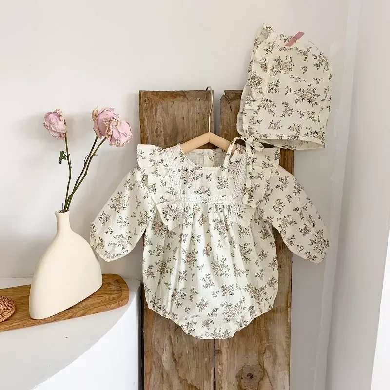 Korean Lace Ruffle Cute Baby Romper With Hat Set Infant Vintage Floral Long Sleeve Jumpsuit Toddler Baby Girl Sweet Clothes