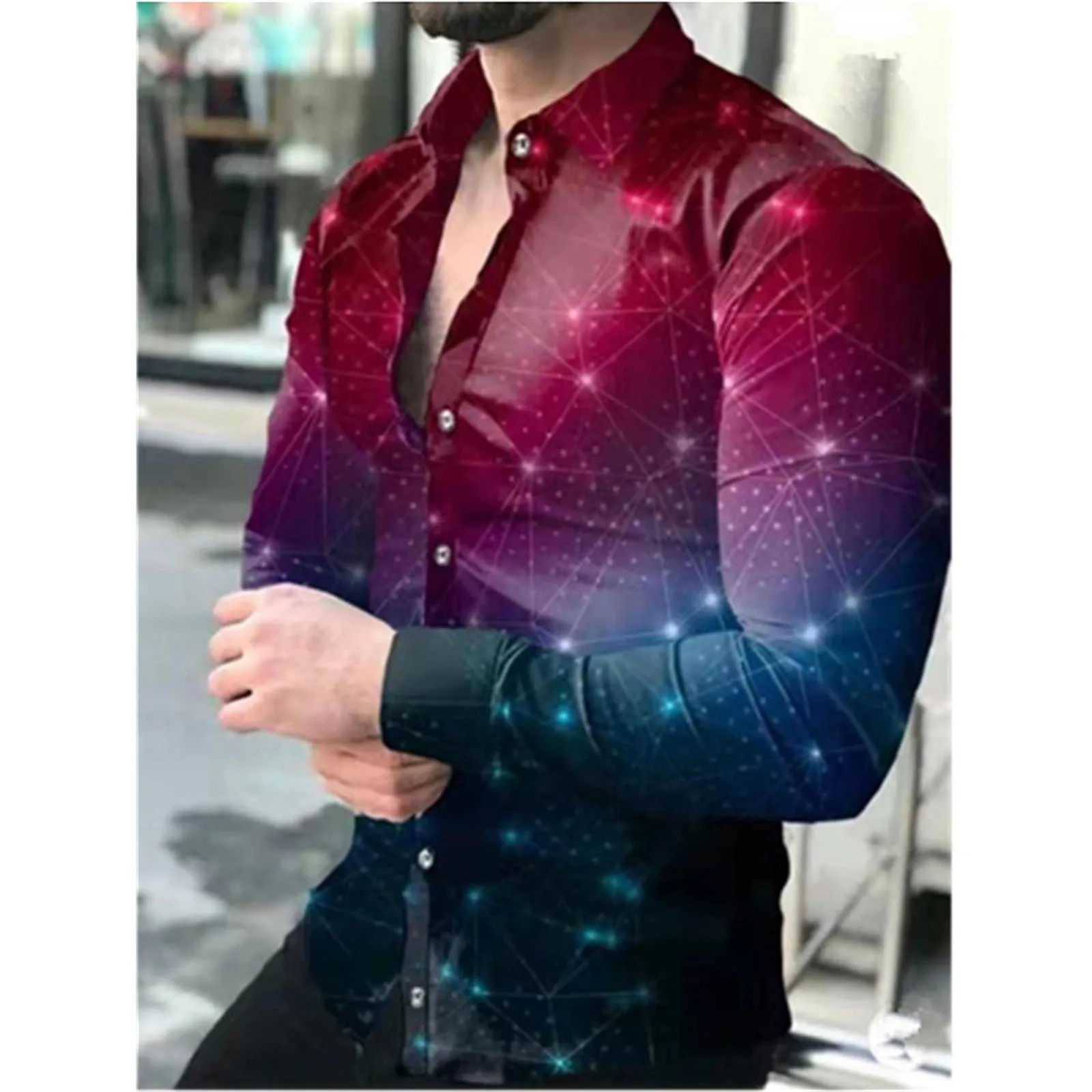 

Fashion Social Men Shirts Turn-Down Collar Buttoned Shirt Casual Starry Print Long Sleeve Tops Mens Clothes Streetwear Cardigan