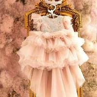 new champagne flower girl dress beaded lace o neck princess high low style baby girl birthday party gown with bow