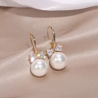classic simulation pearl ball drop dangle earrings for women cubic zirconia bowknot earrings bridal wedding pearl jewelry gifts