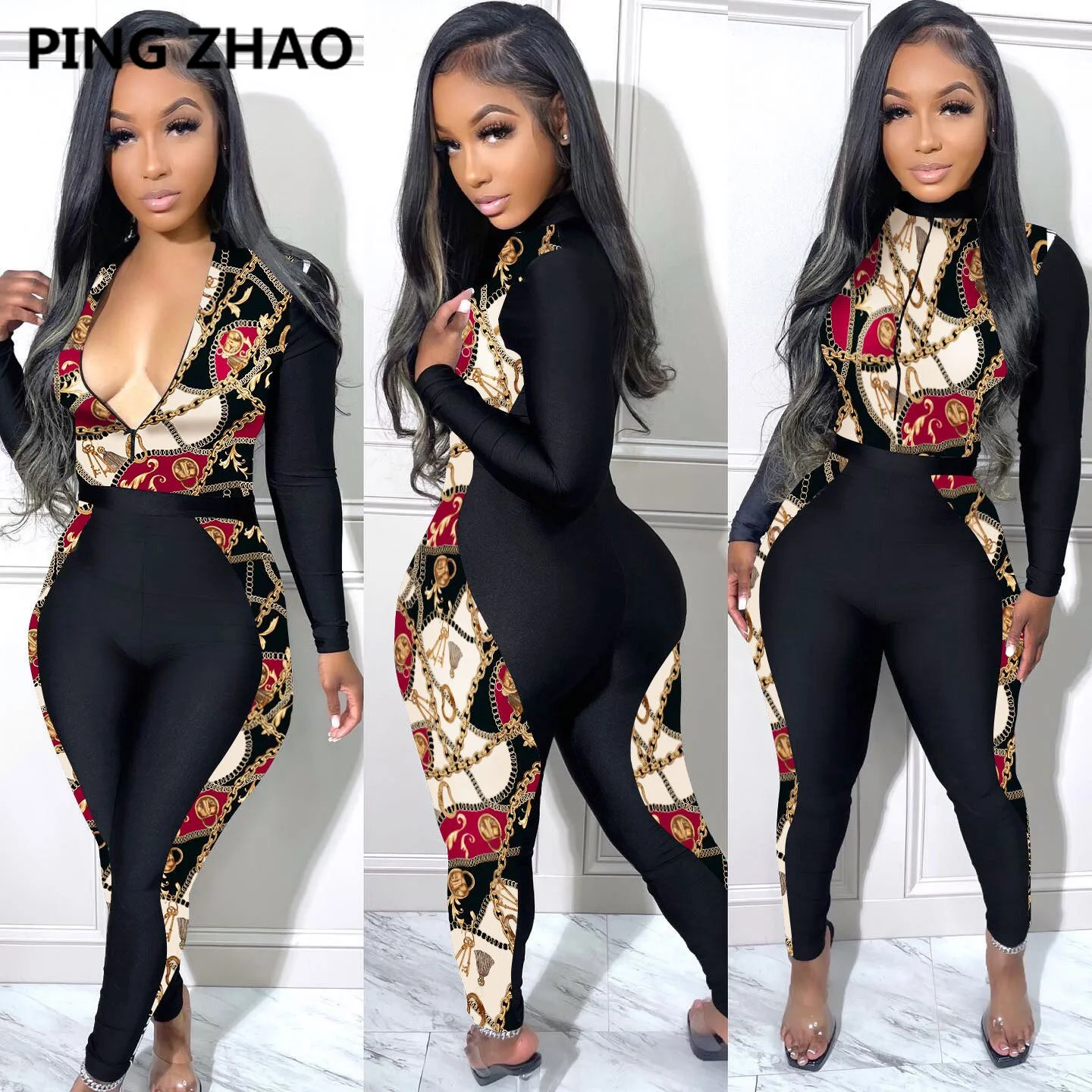

2022 Casual Tracksuits Women Sexy Contrast Color One Piece Rompers Overalls Autumn Patchwork Long Sleeve Zipper Slim Jumpsuits