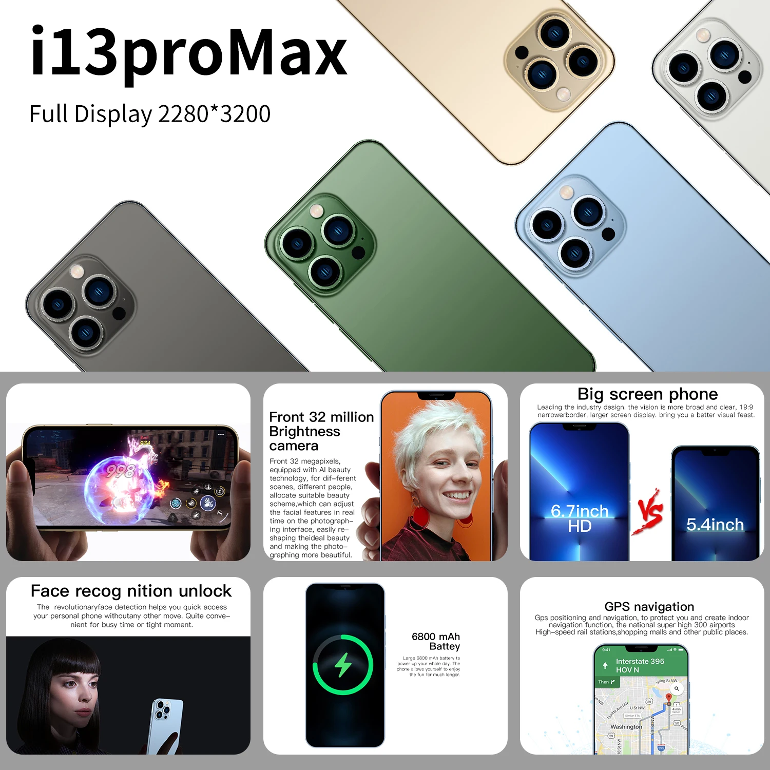 Новинка 2022 смартфон I13 Pro Max 6 7 дюйма HD 16 ГБ + 512 6800 мАч две SIM-карты разблокировка