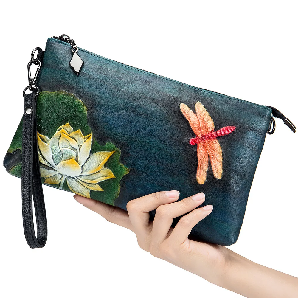 

Woman Clutch Ethnic Style Genuine Leather Soft Wallet Ladies Large-capacity Handbag One-shoulder Diagonal Dinner Bag Evening Bag