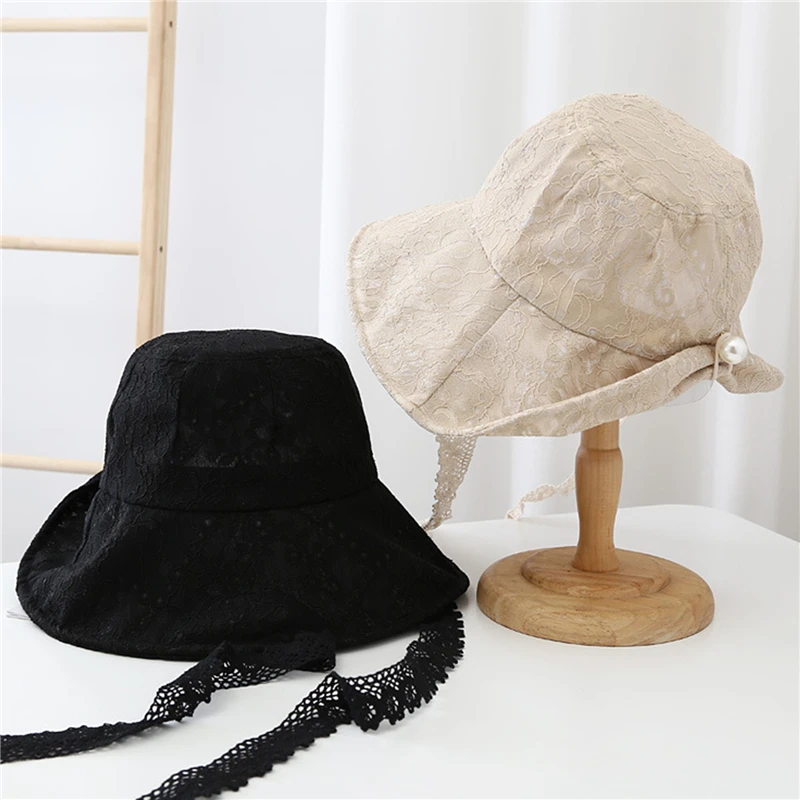 

Korean Seaside Vintage Elegant Lace Bucket Hat Women Summer Beach Sun Hats Fashion Korean Caps Breathable Fisherman Cap